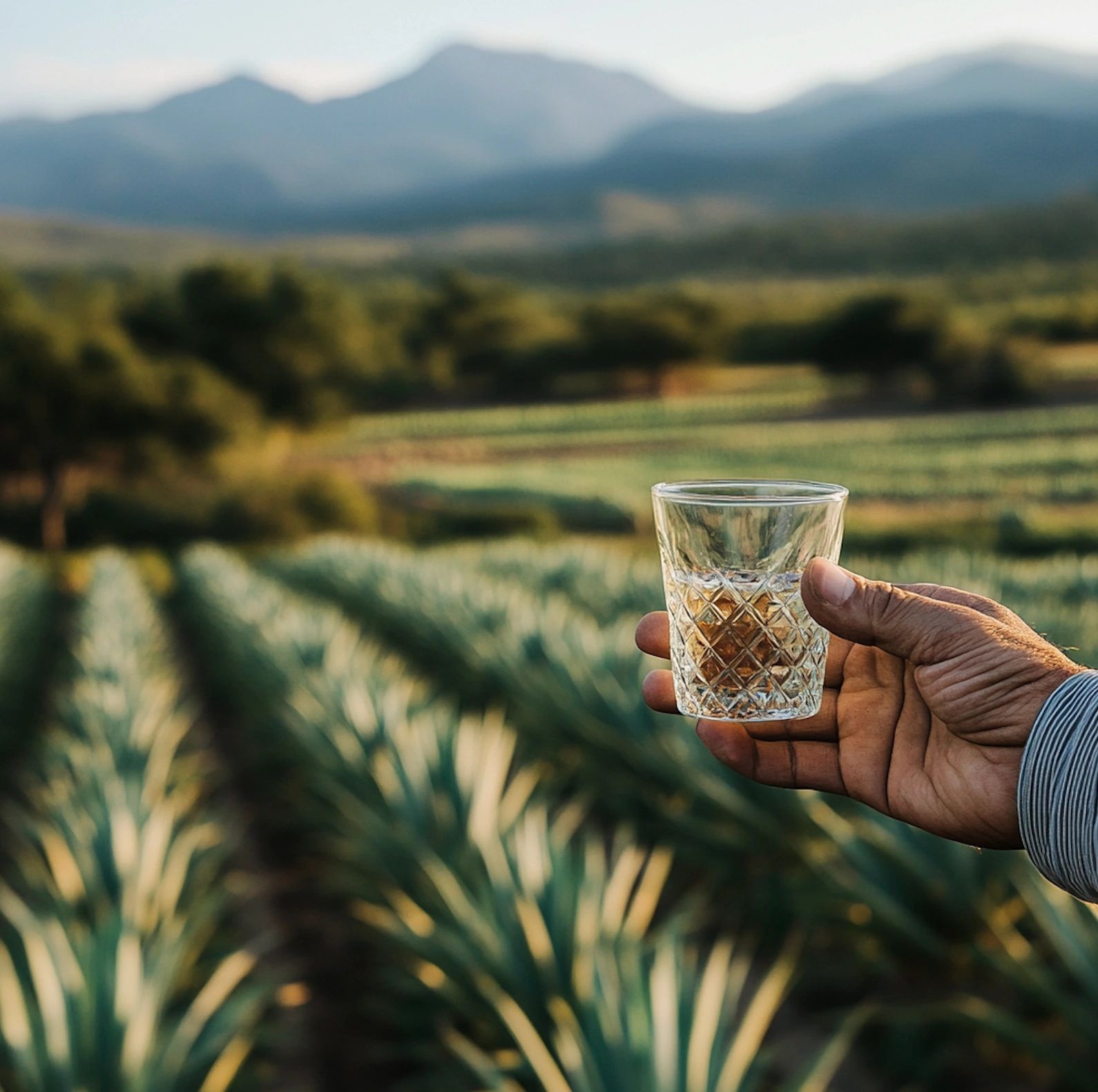 Hand holding a crystal glass of tequila with agave field in background
